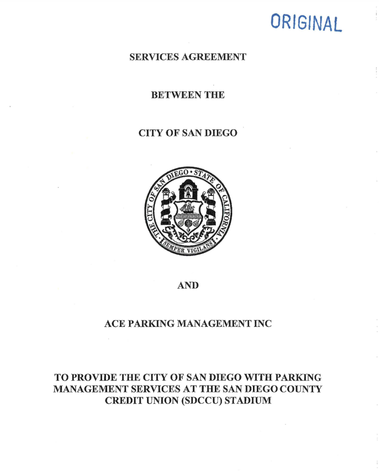 This Services Agreement City of San Diego,  Ace Parking Management Inc
